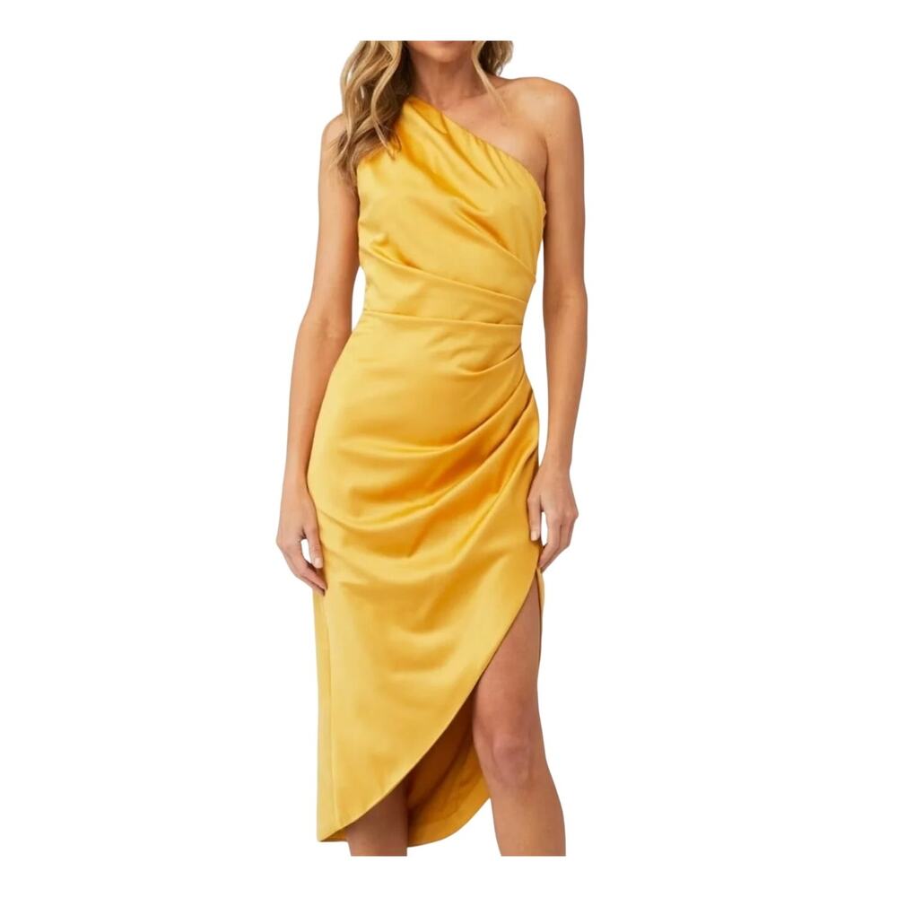 Elliatt x Revolve Cassini One Shoulder Gold Yellow Satin Asymmetric Slit Dress